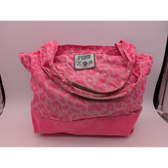 PINK Victoria's Secret Handbags - Victoria's Secret PINK Canvas Tote Bag Pink Leopard Print Graphic Zip Top